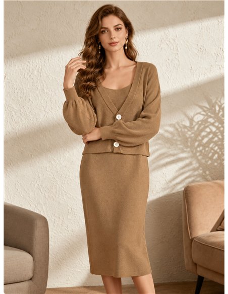 Conjunto de cardigã com botões e vestido sem alças