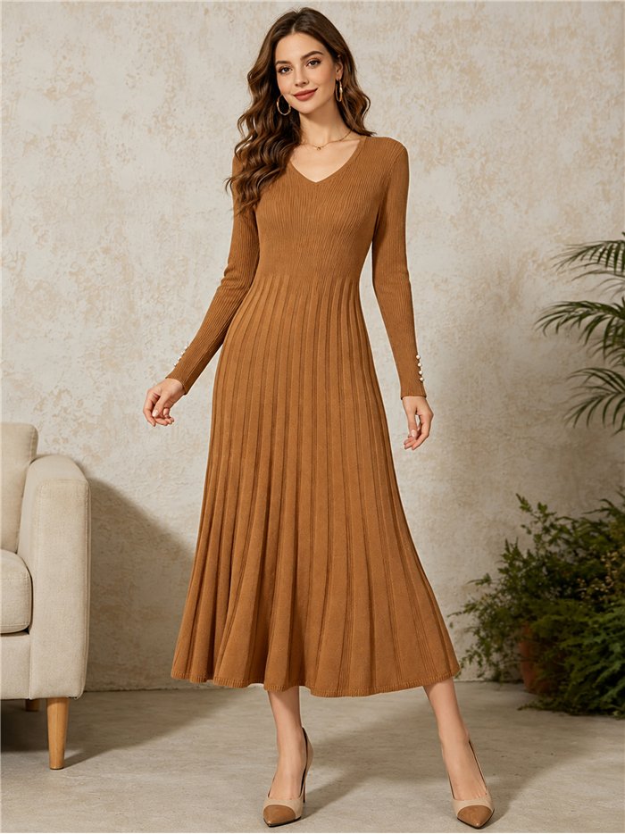 Geripptes Strick-Midikleid mit V-Ausschnitt