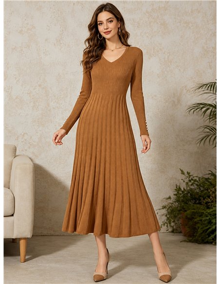 Geripptes Strick-Midikleid mit V-Ausschnitt