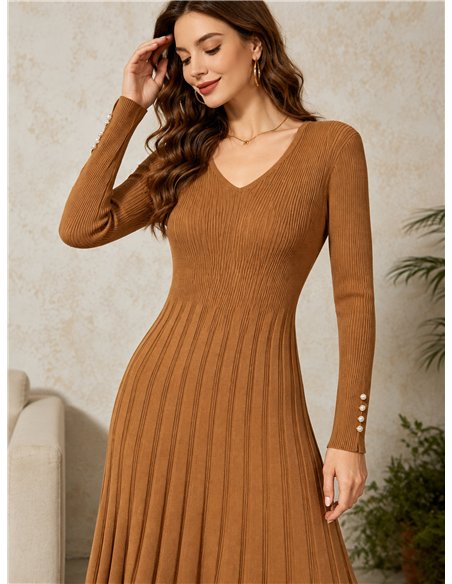 Geripptes Strick-Midikleid mit V-Ausschnitt
