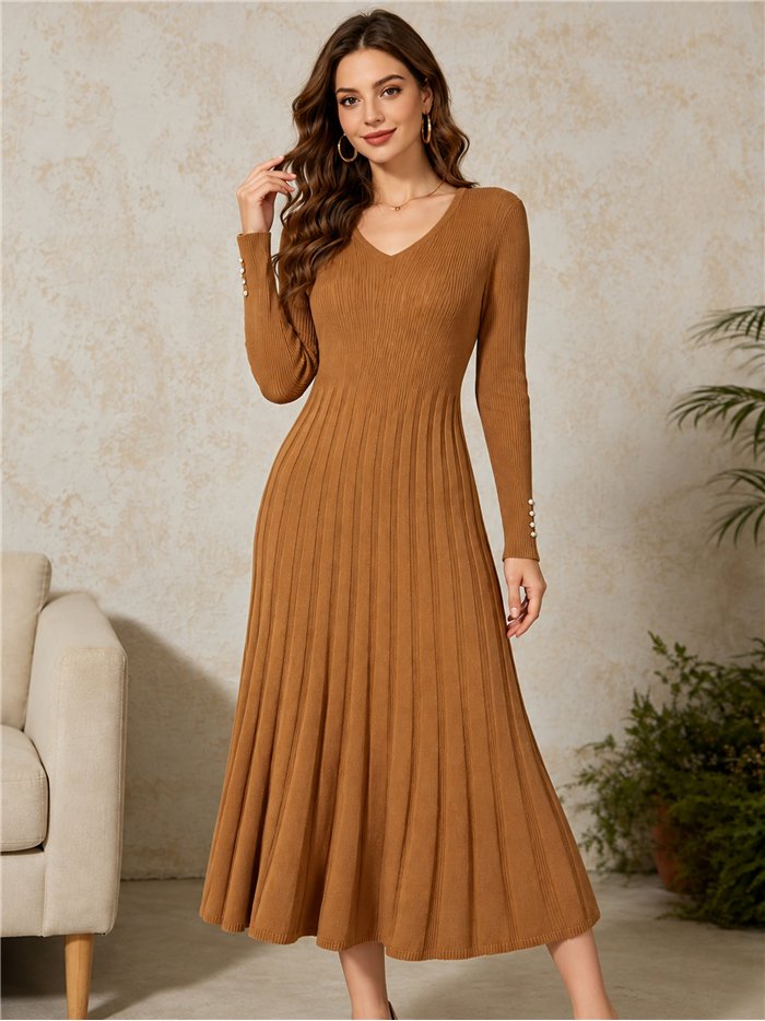 Geripptes Strick-Midikleid mit V-Ausschnitt