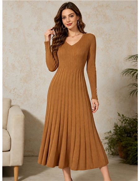 Geripptes Strick-Midikleid mit V-Ausschnitt