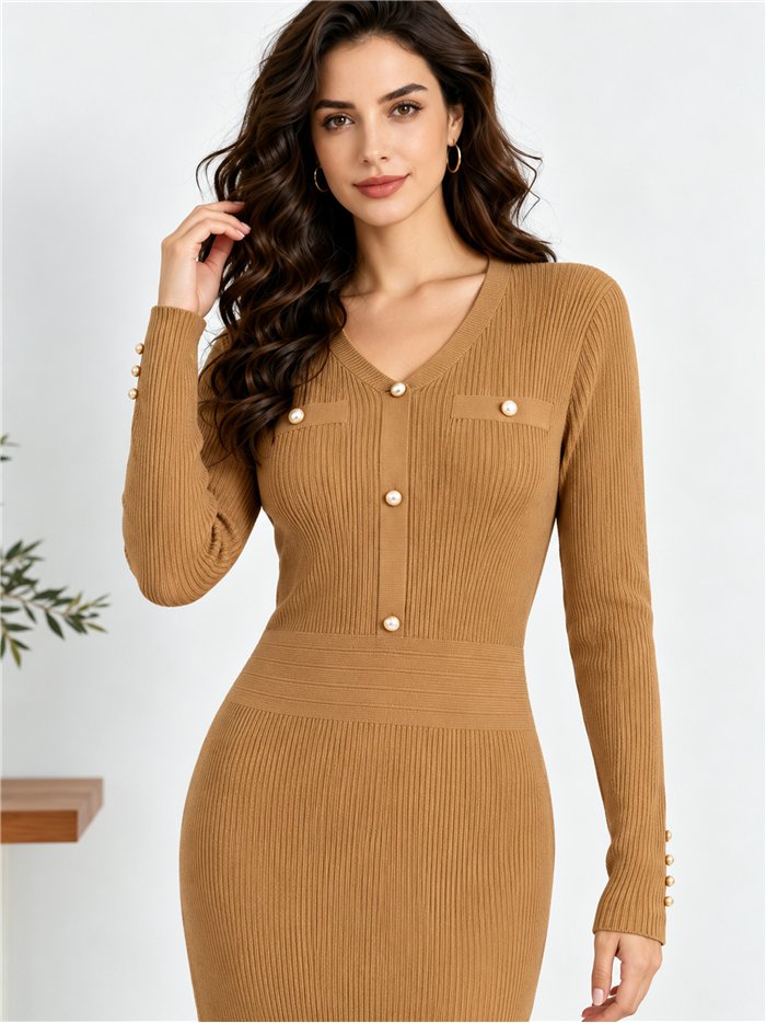 Vestido midi de punto botones efecto perla
