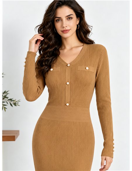 Vestido midi de punto botones efecto perla