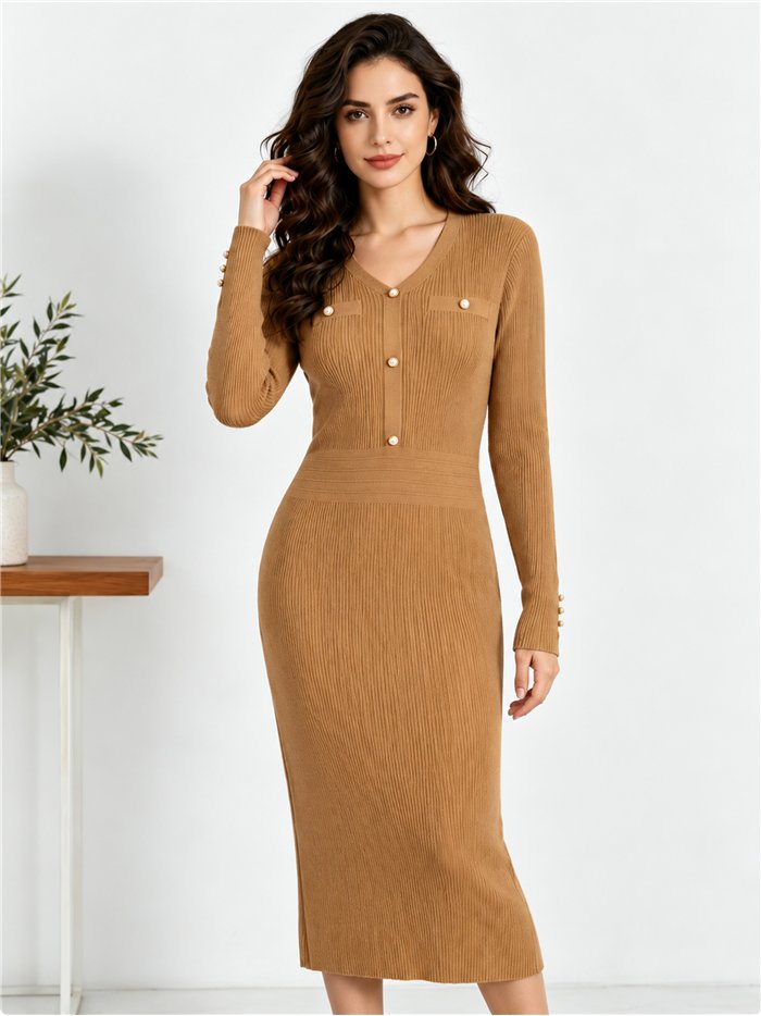 Vestido midi de punto botones efecto perla