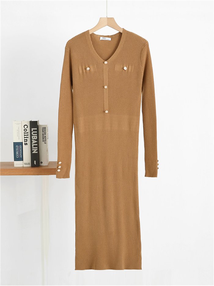 Vestido midi de punto botones efecto perla