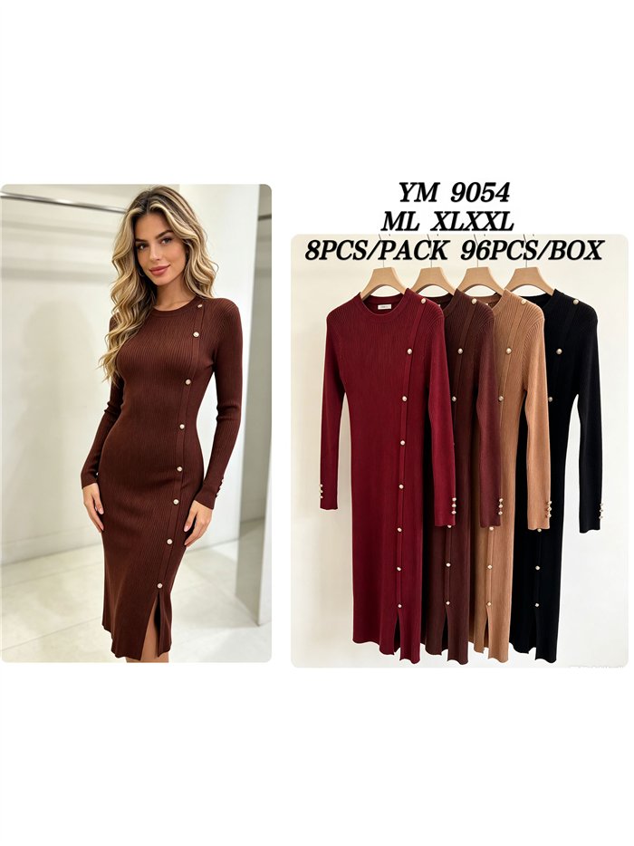 Vestido midi de punto canalé botones laterales