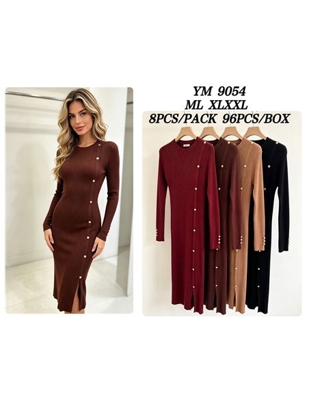 Vestido midi de punto canalé botones laterales