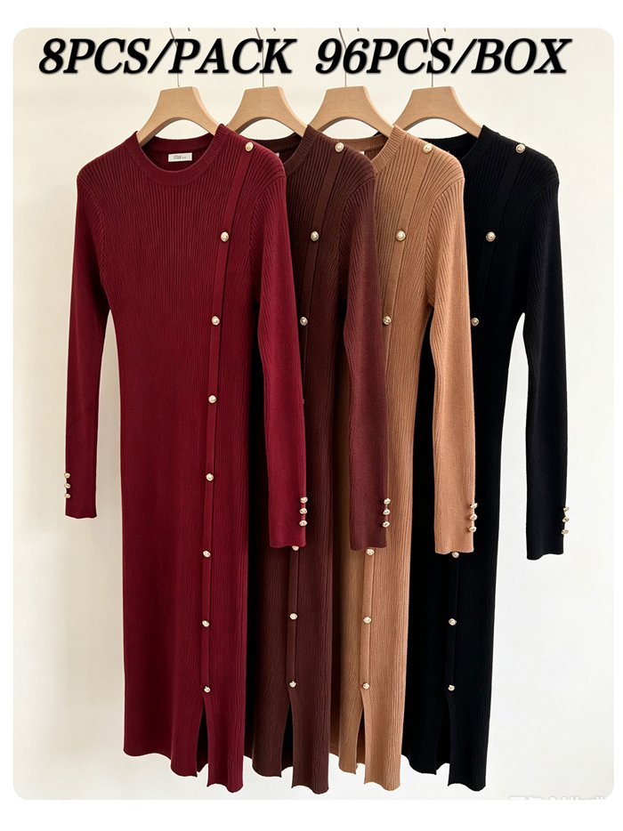 Vestido midi de punto canalé botones laterales
