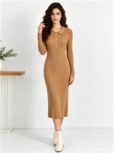 Vestido midi de punto canalé cuello polo
