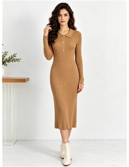 Vestido midi de punto canalé cuello polo