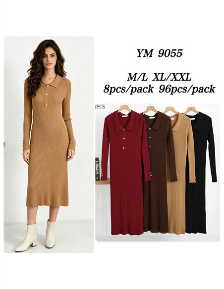 Vestido midi de punto canalé cuello polo