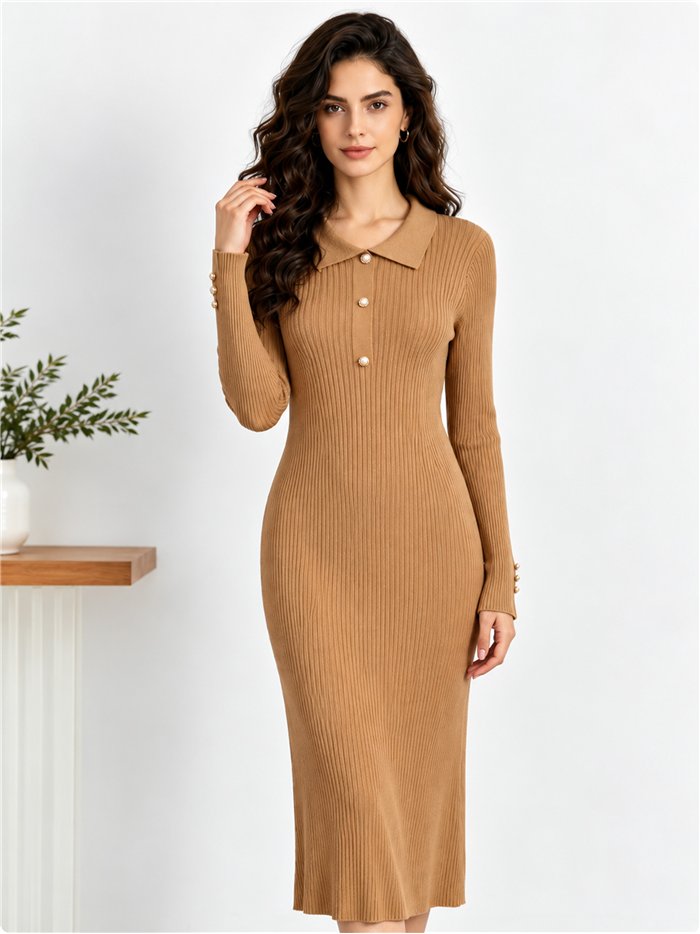Vestido midi de punto canalé cuello polo