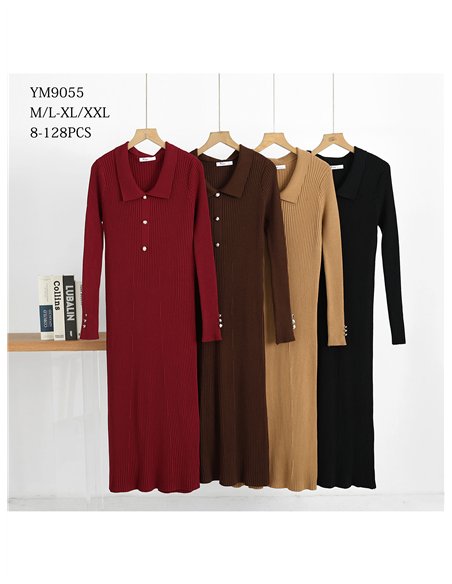 Vestido midi de punto canalé cuello polo