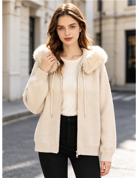 Chaqueta de punto capucha efecto pelo