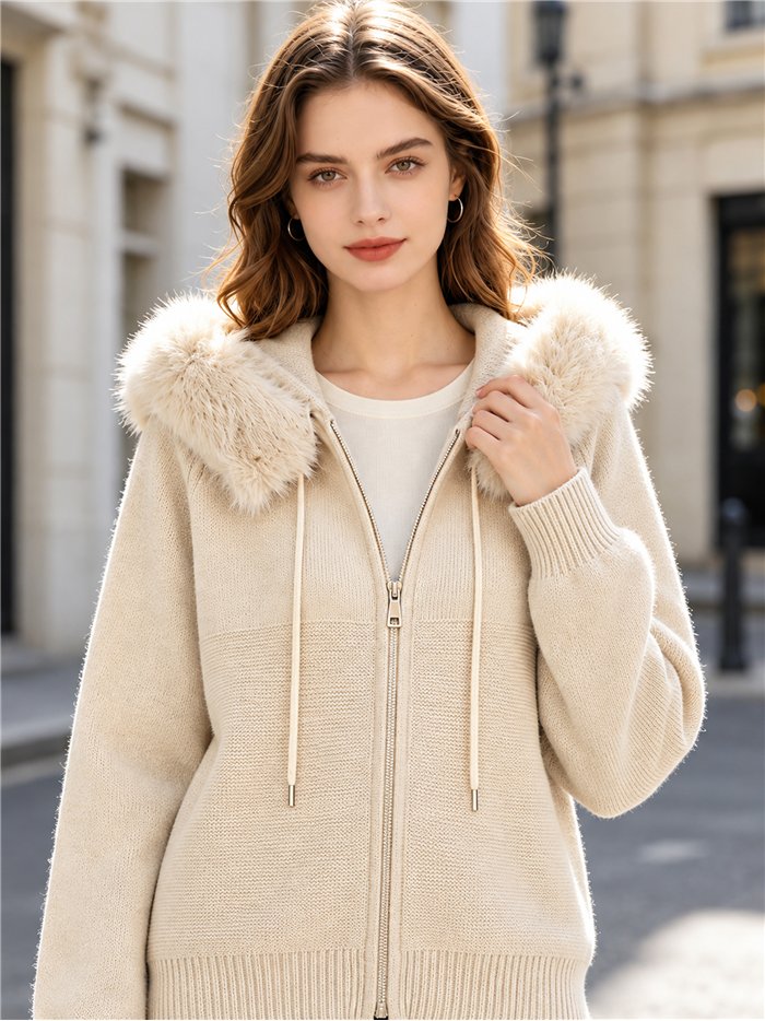 Chaqueta de punto capucha efecto pelo