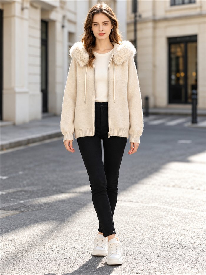 Chaqueta de punto capucha efecto pelo