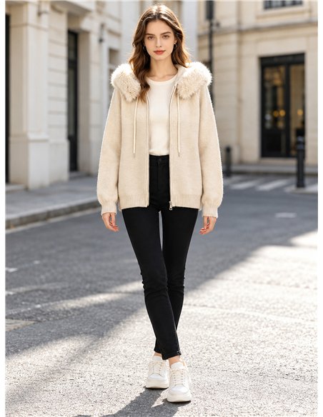 Chaqueta de punto capucha efecto pelo