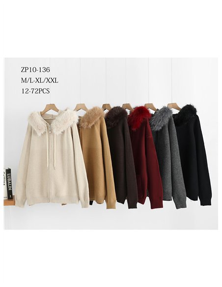 Chaqueta de punto capucha efecto pelo