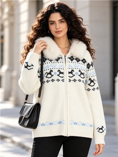 Chaqueta de punto jacquard capucha efecto pelo