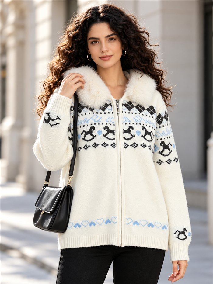 Chaqueta de punto jacquard capucha efecto pelo