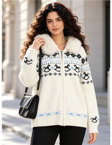 Chaqueta de punto jacquard capucha efecto pelo