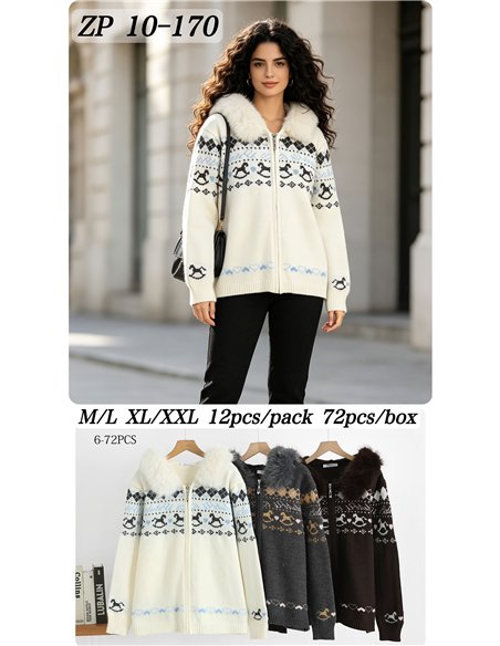 Chaqueta de punto jacquard capucha efecto pelo