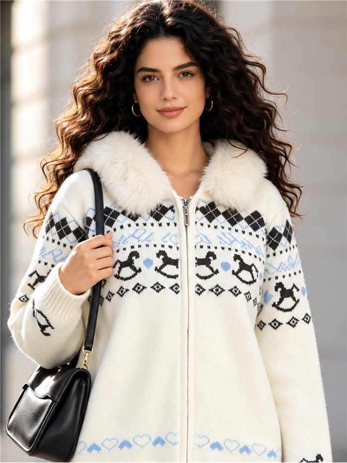 Chaqueta de punto jacquard capucha efecto pelo
