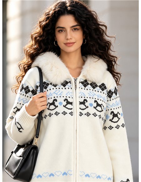 Chaqueta de punto jacquard capucha efecto pelo
