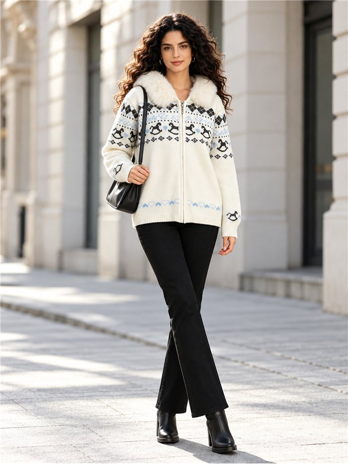 Chaqueta de punto jacquard capucha efecto pelo