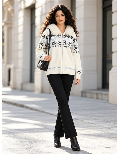 Chaqueta de punto jacquard capucha efecto pelo
