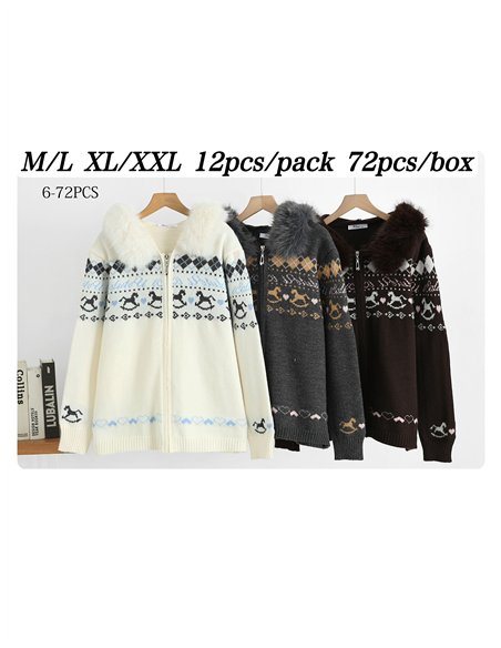 Chaqueta de punto jacquard capucha efecto pelo