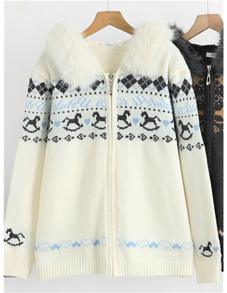 Chaqueta de punto jacquard capucha efecto pelo