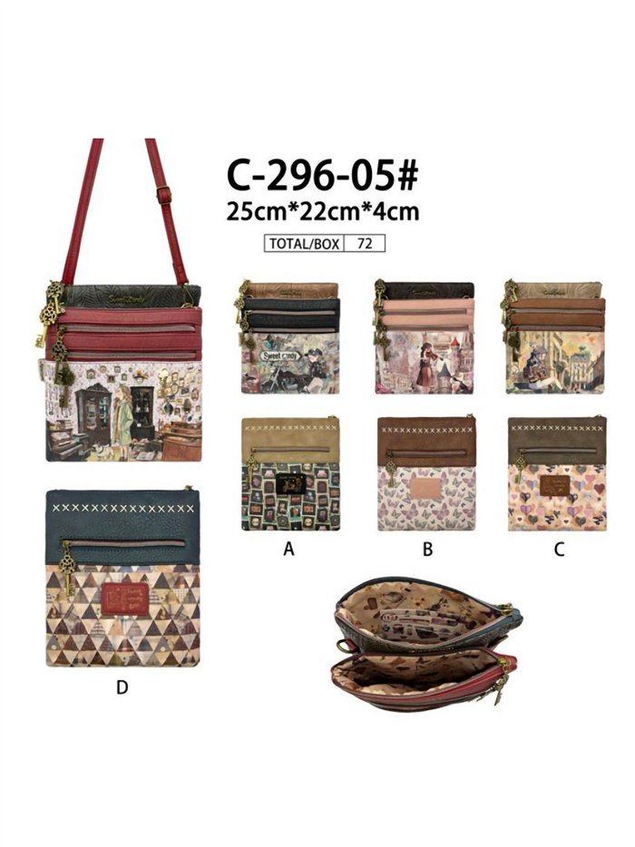 Borsa a tracolla verticale con stampa Sweet Candy e numerose tasche.