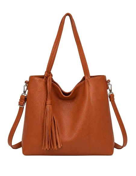 Bolso shopper amplio con neceser y borla