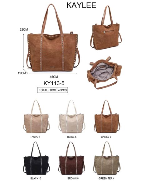 Bolso shopper amplio efecto ante con tachuelas