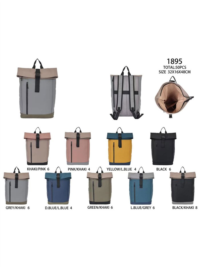 Two-tone roll-top backpack with buckle strap