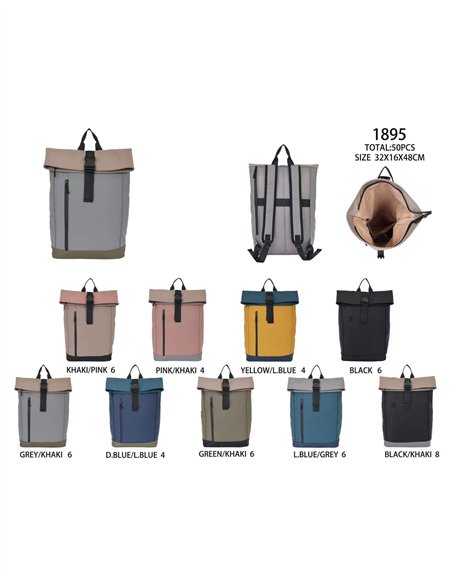 Two-tone roll-top backpack with buckle strap