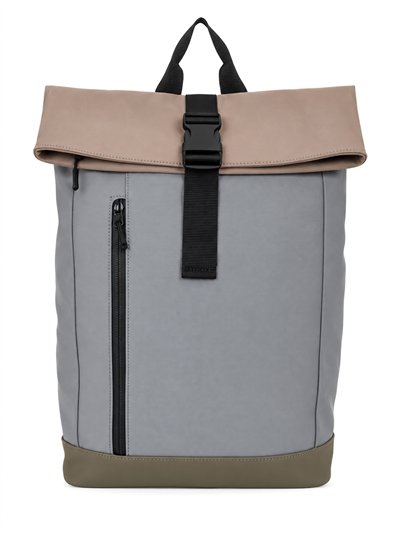 Two-tone roll-top backpack with buckle strap