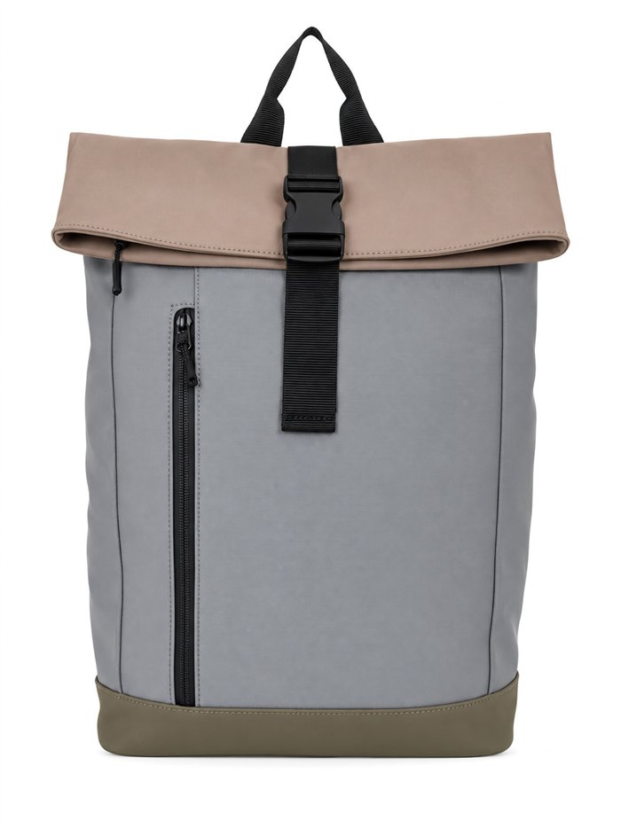 Two-tone roll-top backpack with buckle strap