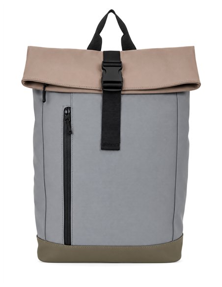 Two-tone roll-top backpack with buckle strap