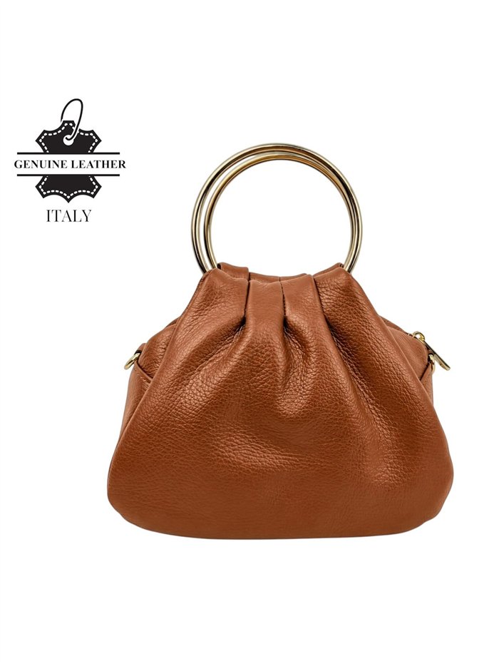 Mini bolso de mano de piel con asas circulares y cadena dorada