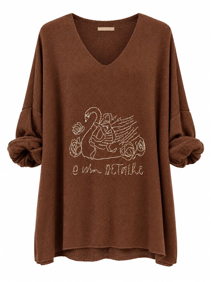 Suéter canelado oversized com cisne de strass