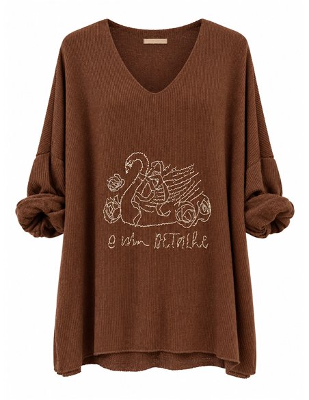 Suéter canelado oversized com cisne de strass