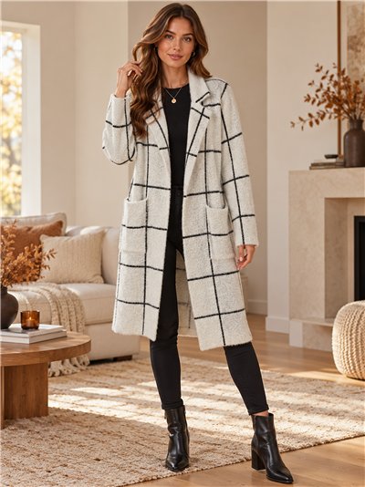 Long checked knit coat