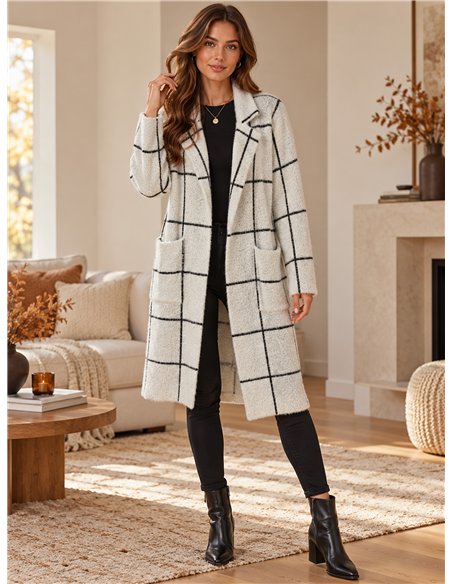 Long checked knit coat