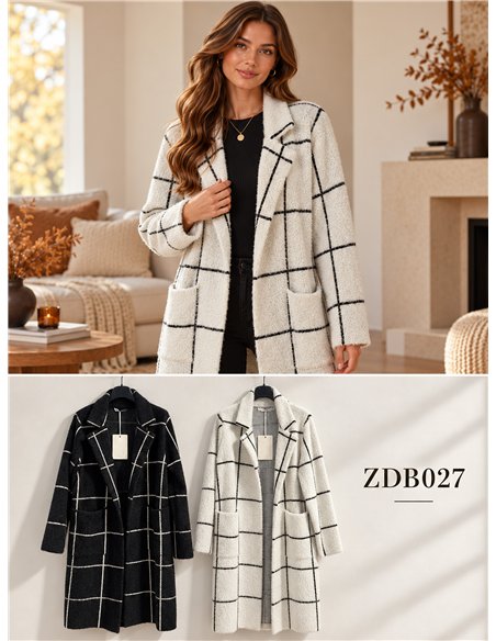 Long checked knit coat