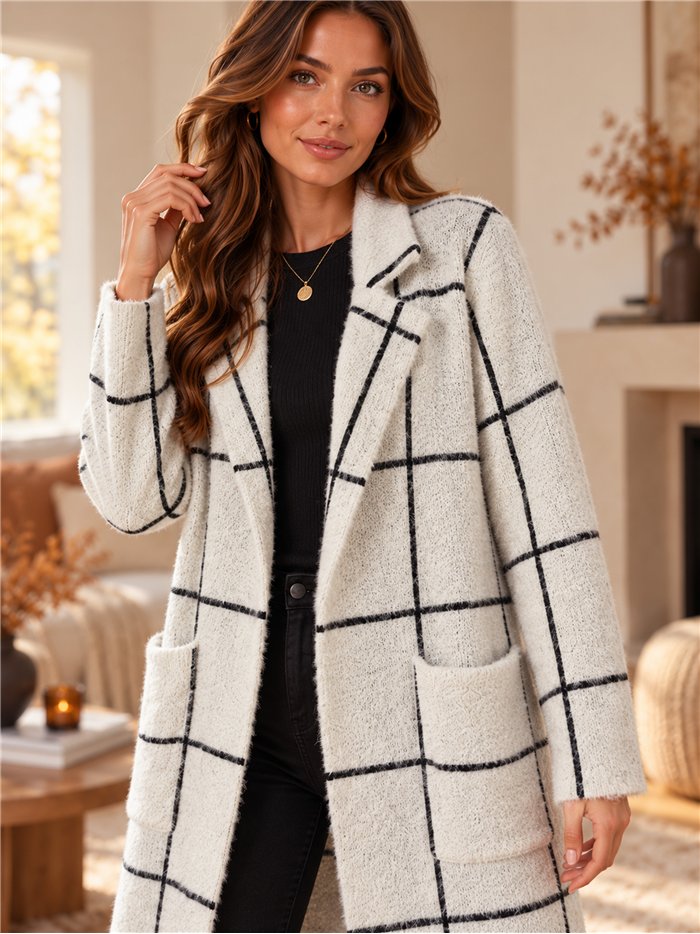 Long checked knit coat