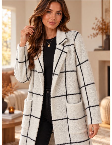 Long checked knit coat