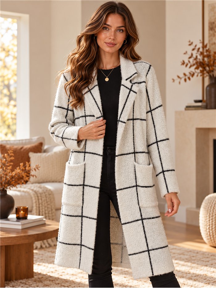 Long checked knit coat